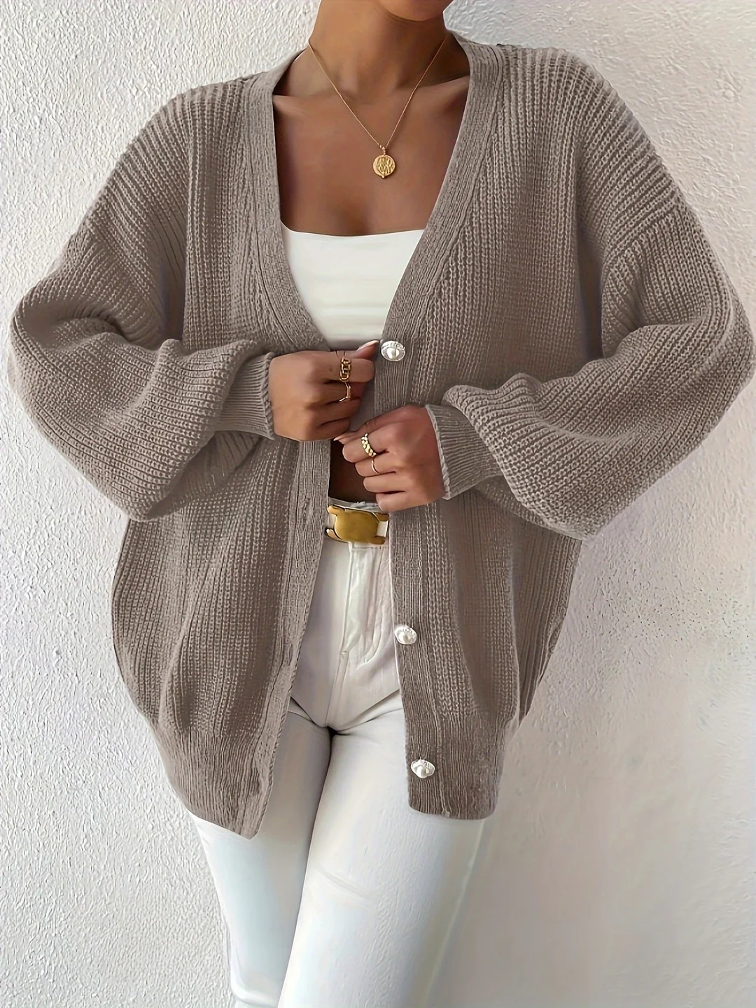 Dames Oversized Knoopsluiting Cardigan - Lange Mouw Dikke Gebreide Trui